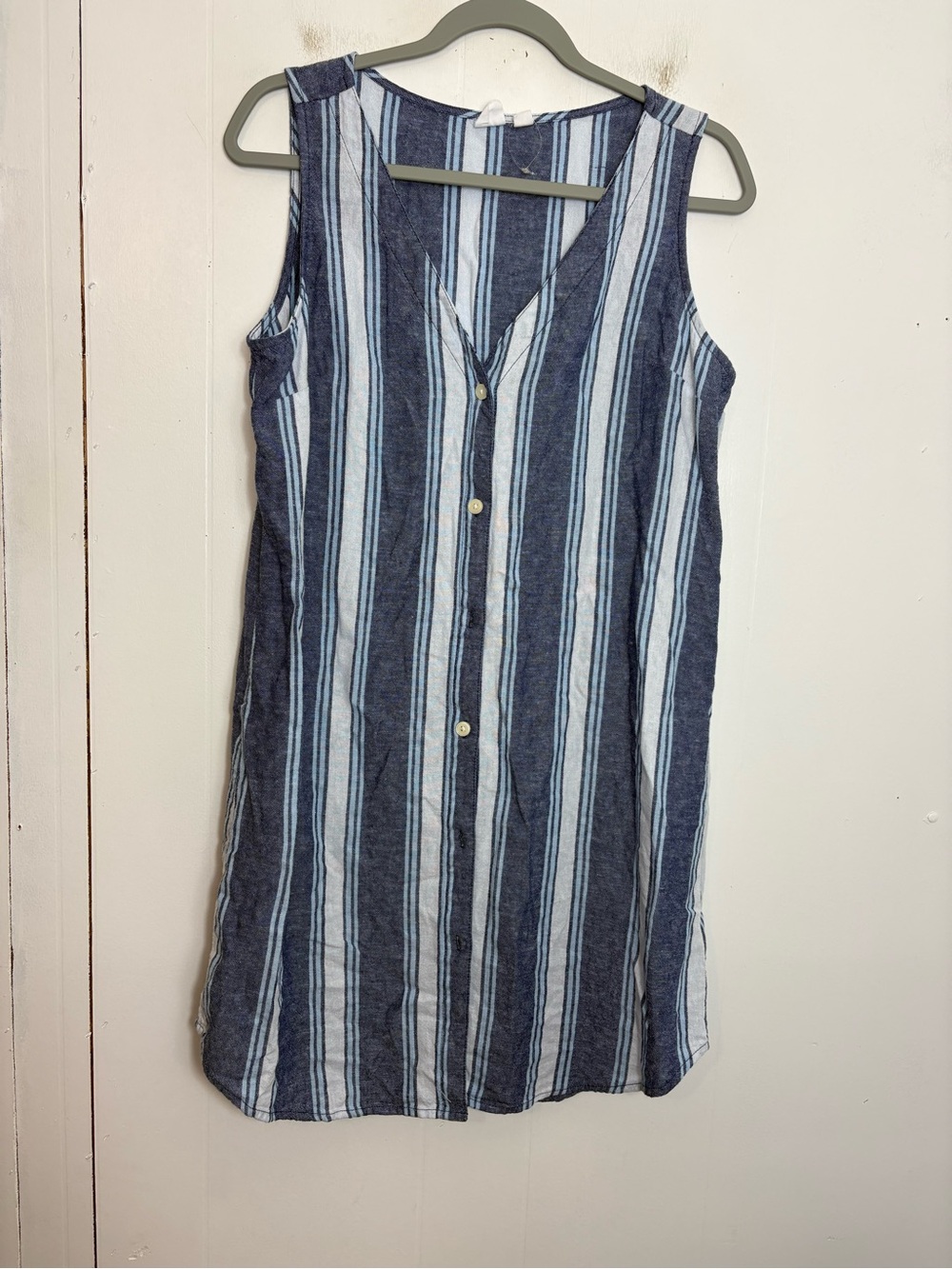 Gap Dress Womens Medium Striped Button Up V Neck Linen Blend Shift Beachy